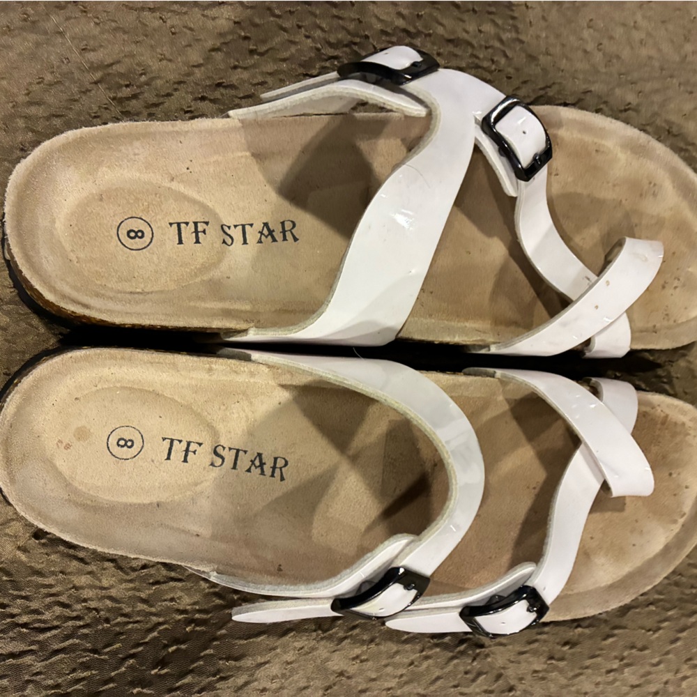 TF STAR Sandals White Leather Cork Sole Footbed Adjustable Straps Sz 8 Wm